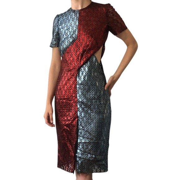 Marco De Vincenzo *CUSTOM DESIGNER* RUNWAY Red Blue Metallic Midi Cocktail Dress - Picture 5 of 16